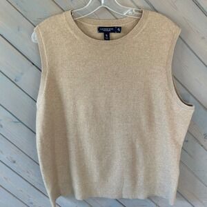 Lands End Womens XL 18 Tan Beige 100% Cashmere Crew Neck Sweater Vest Layering